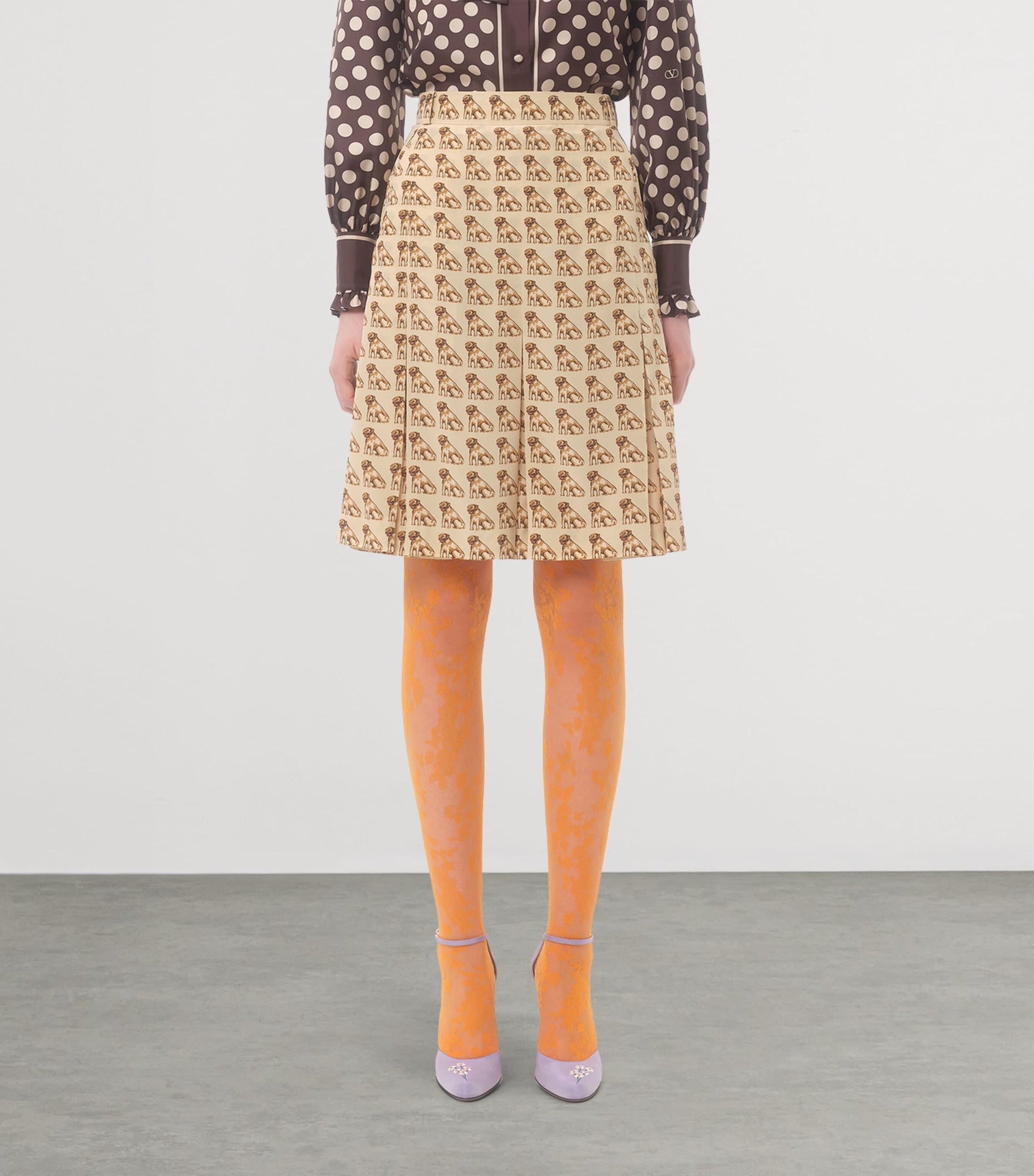 Valentino Nude Silk Dog-Print Midi Skirt