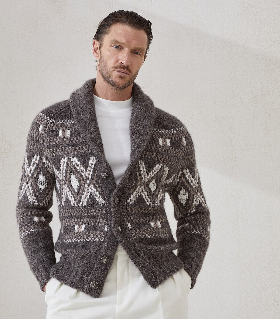 Brown Alpaca-Virgin Wool-Cashmere Jacquard Cardigan