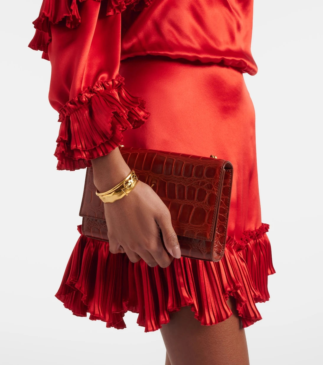 Saint Laurent - Fırfırlı ipek saten mini elbise