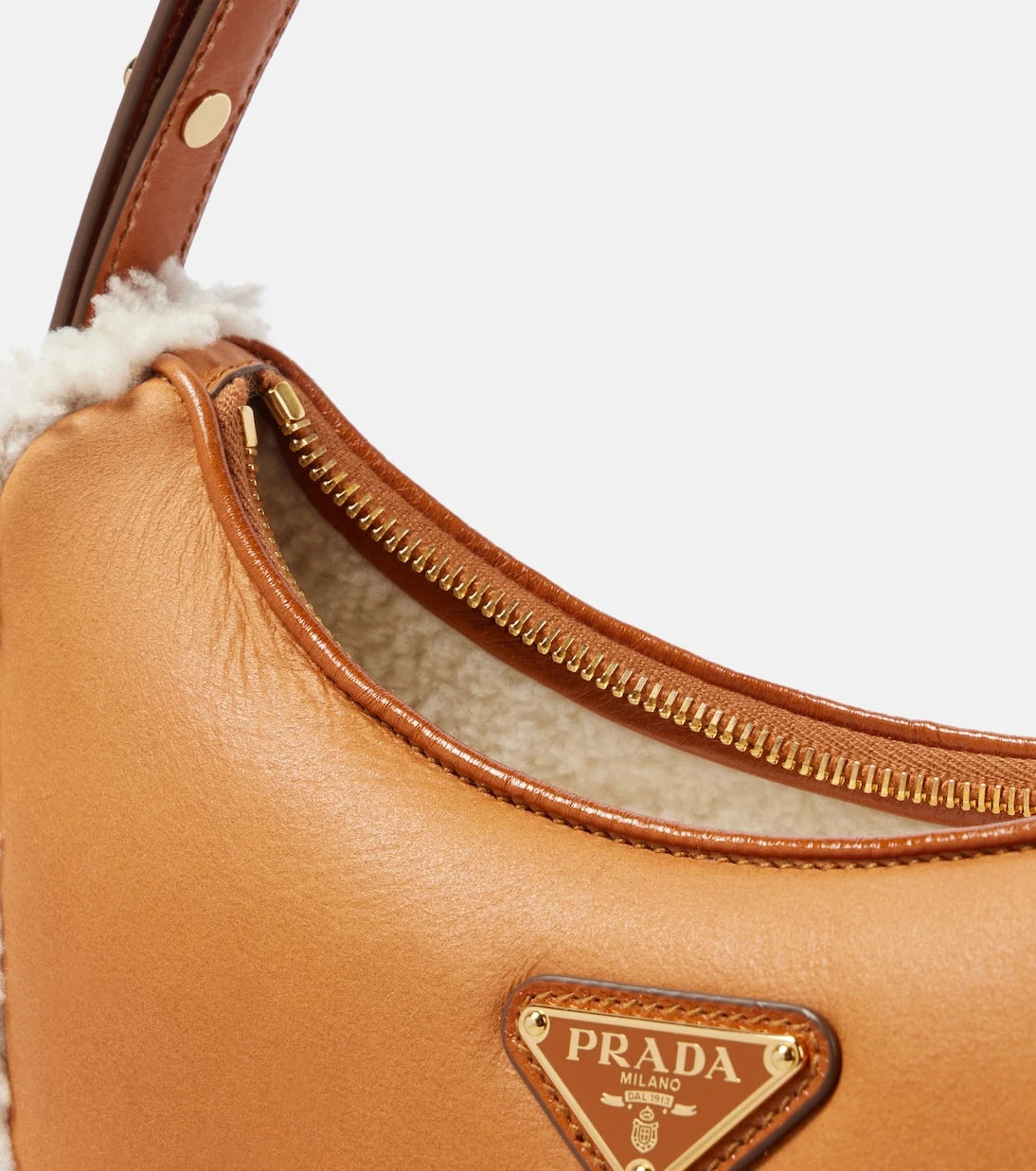 Prada - Arqué Small shearling-trimmed leather shoulder bag