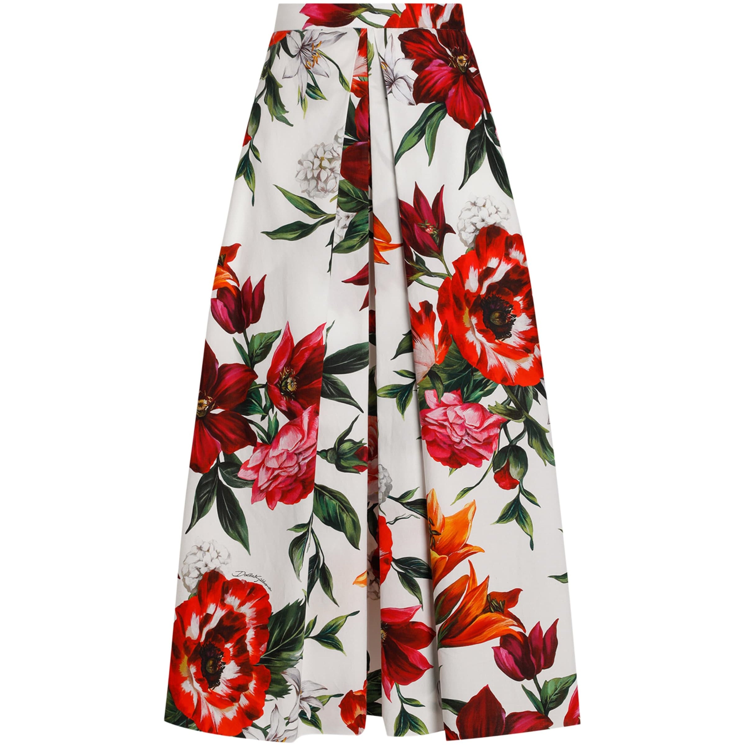Multi Cotton Poplin Pleated Floral Print Midi Skirt