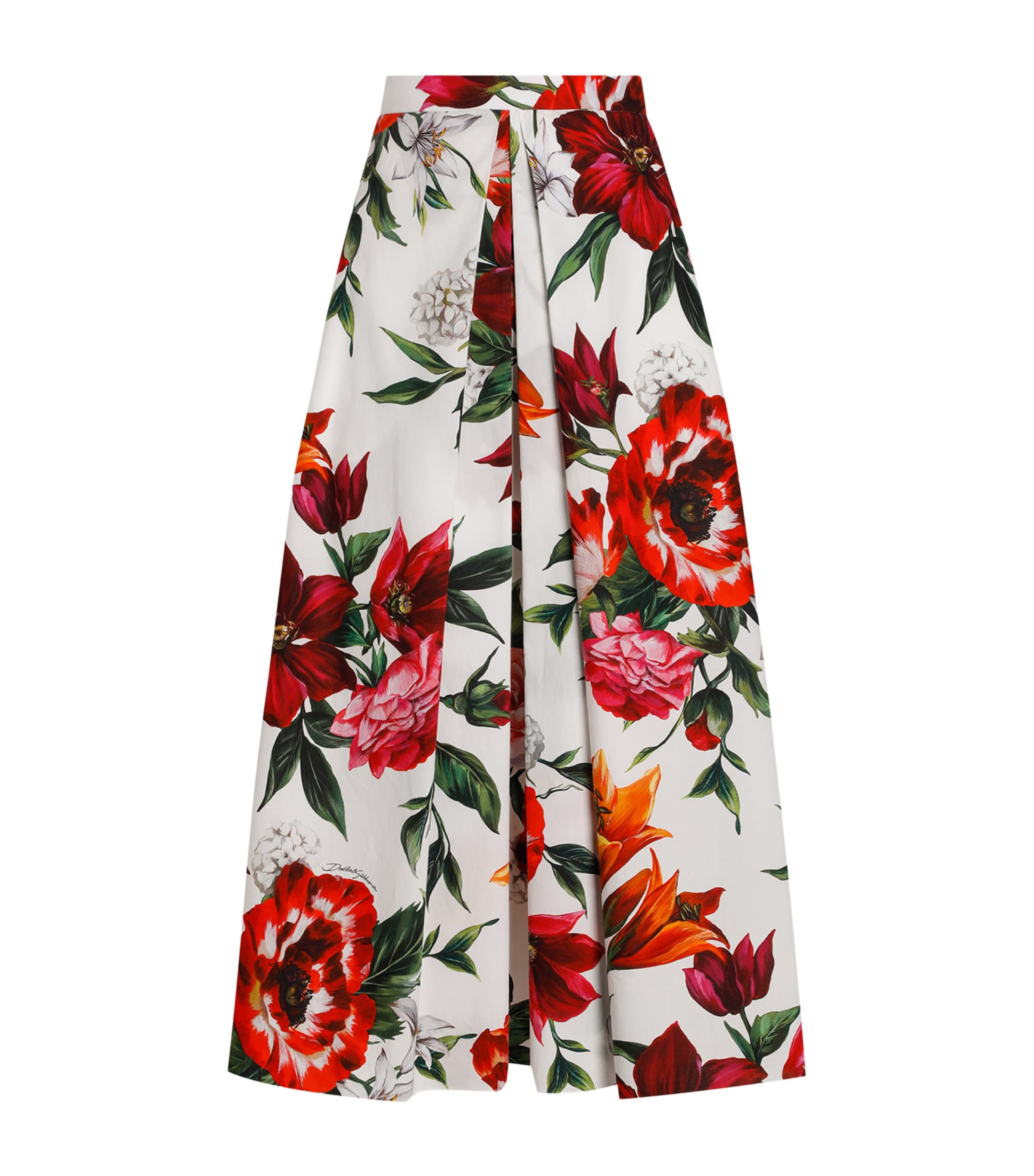 Multi Cotton Poplin Pleated Floral Print Midi Skirt