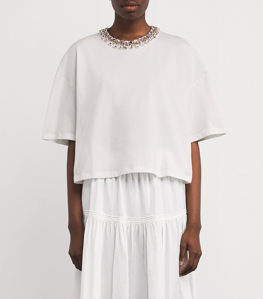 White Cotton Embellished-Neck T-Shirt