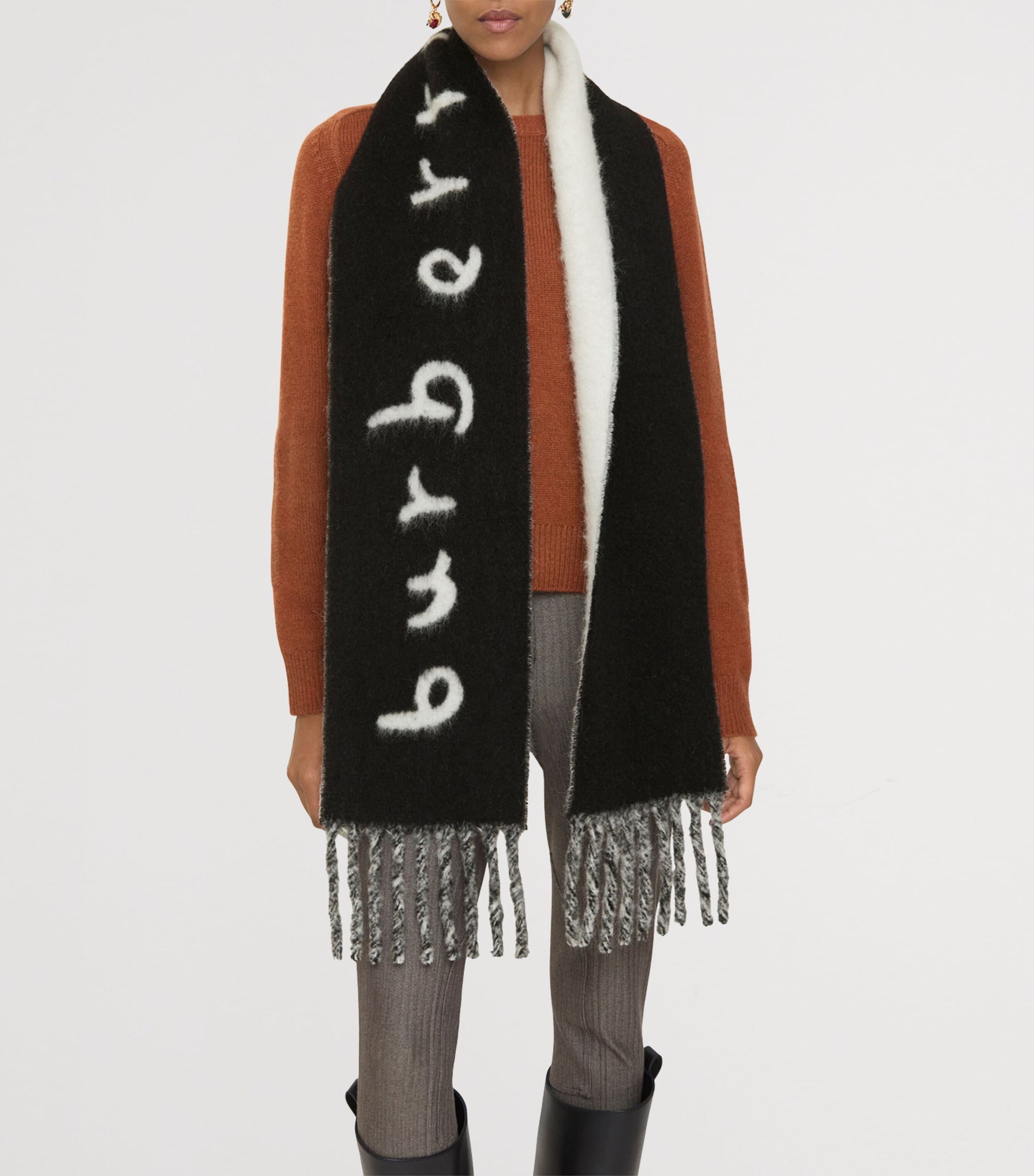 Black Alpaca-Blend Reversible Logo Scarf