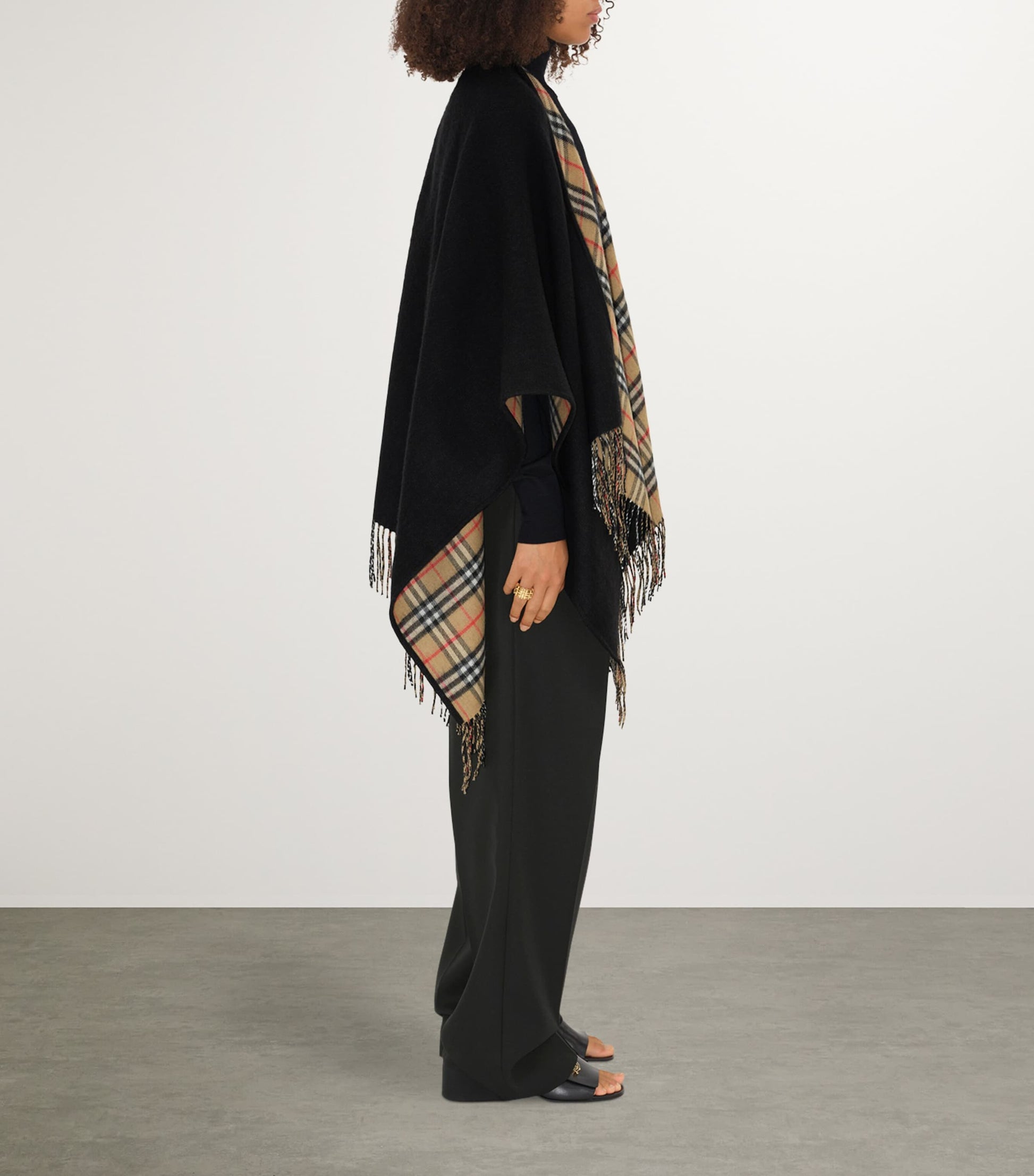 Black Wool Reversible Check Cape