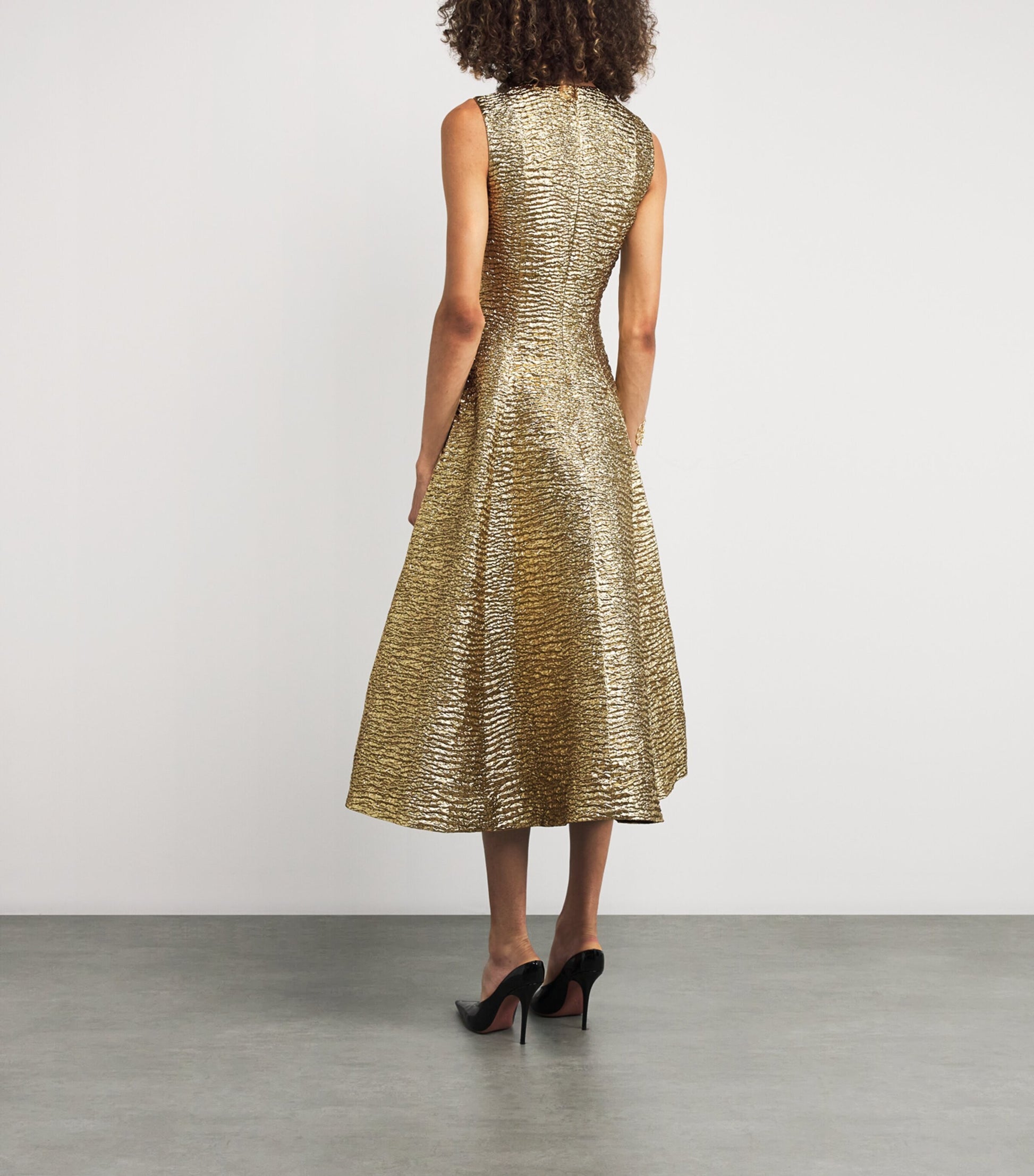 Emilia Wickstead Gold Metallic Seersucker Mara Midi Dress