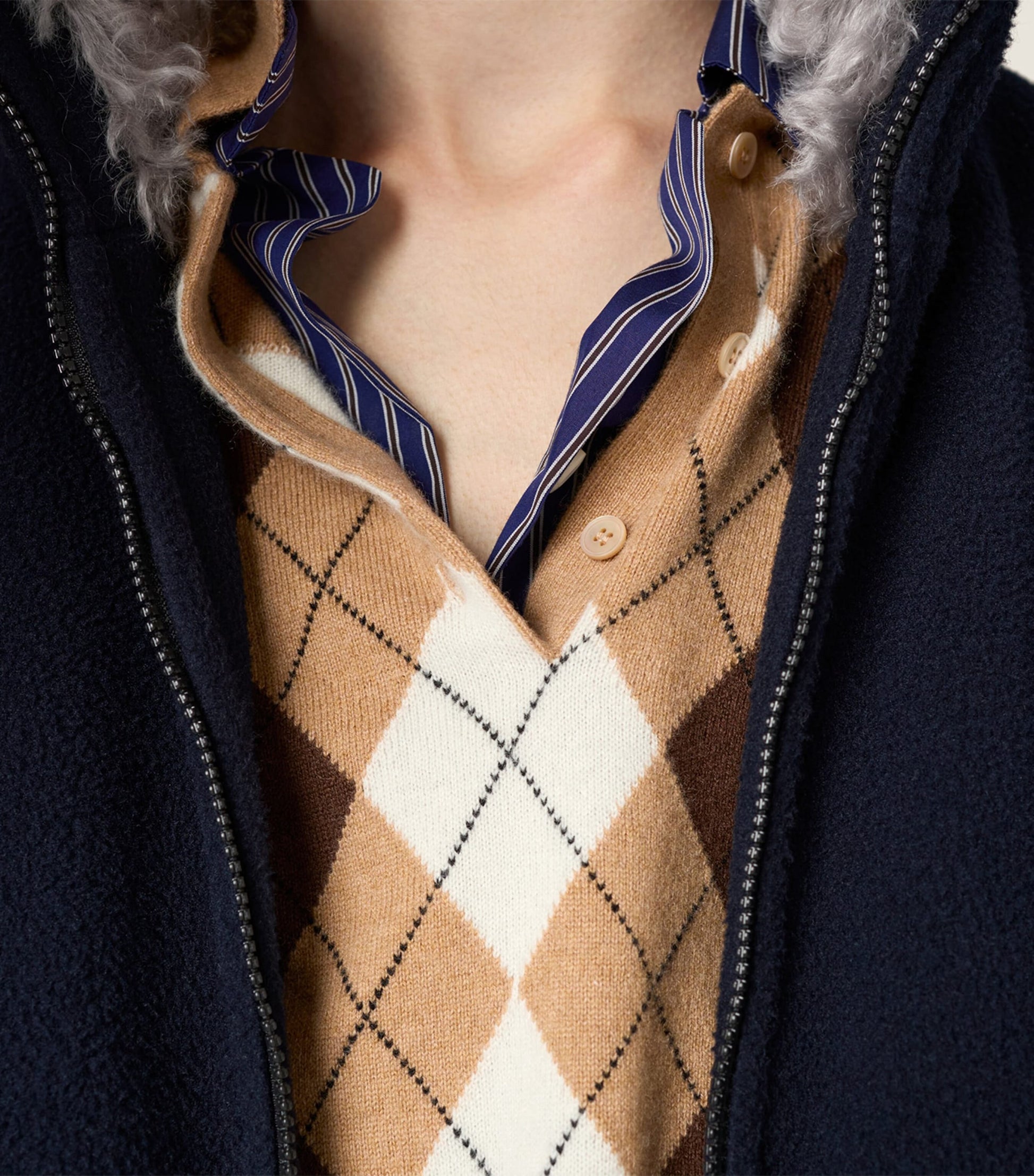 Brown Cashmere Argyle Polo Sweater