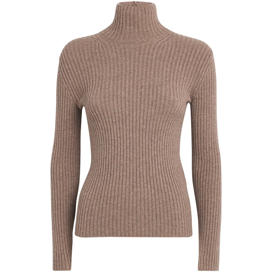 Max Mara Beige Wool-Blend Ribbed High-Neck Sweater