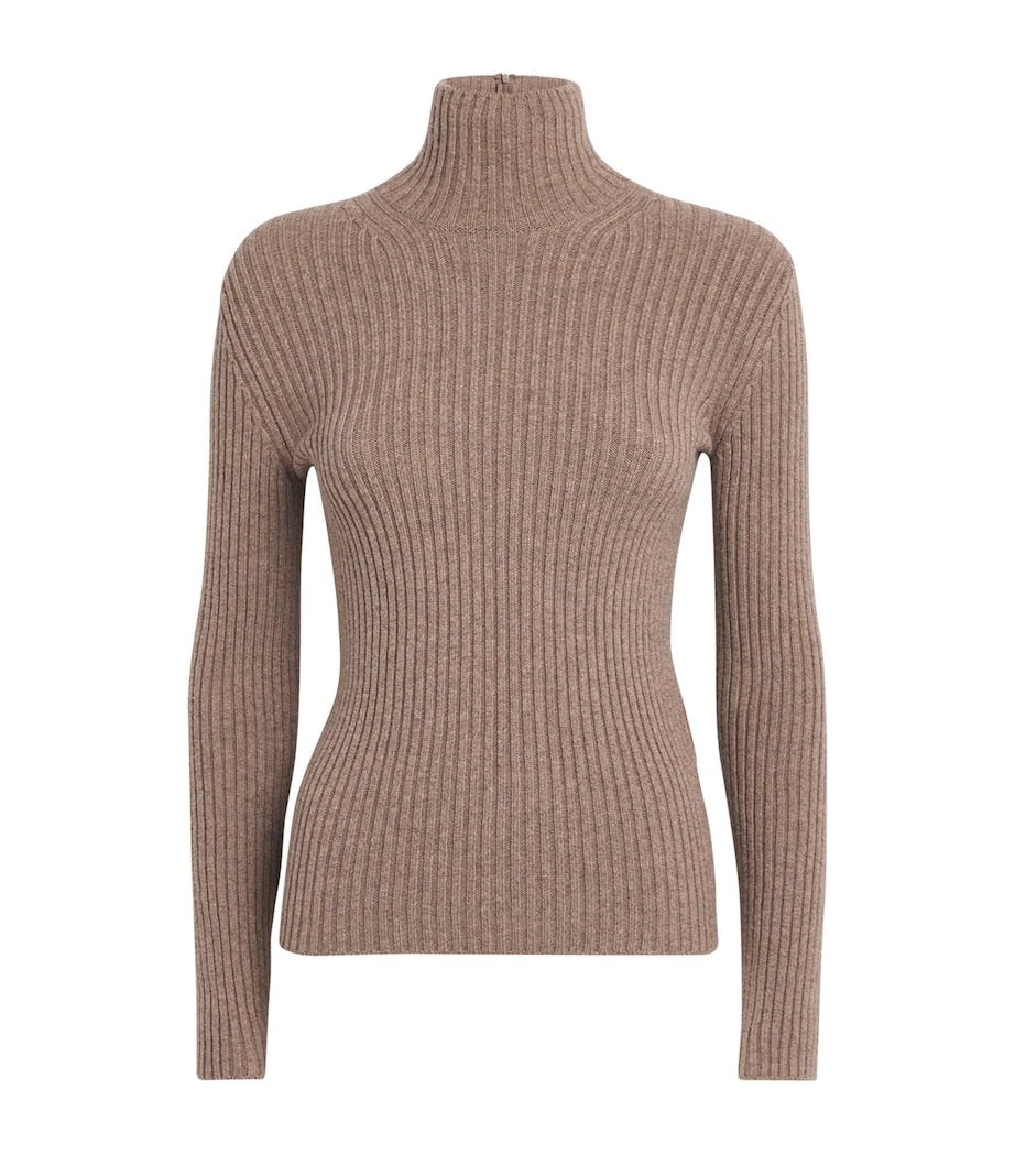 Max Mara Beige Wool-Blend Ribbed High-Neck Sweater