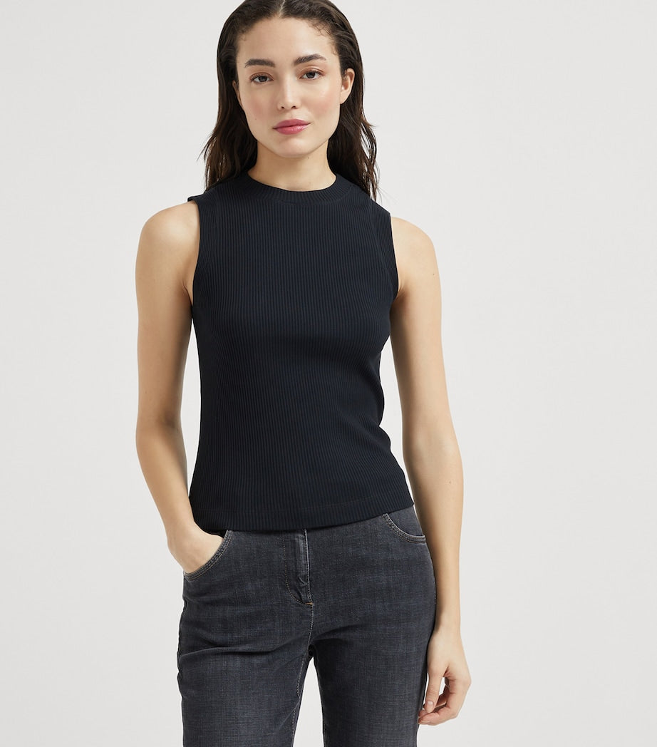 Brunello Cucinelli Black Cotton Ribbed Tank Top