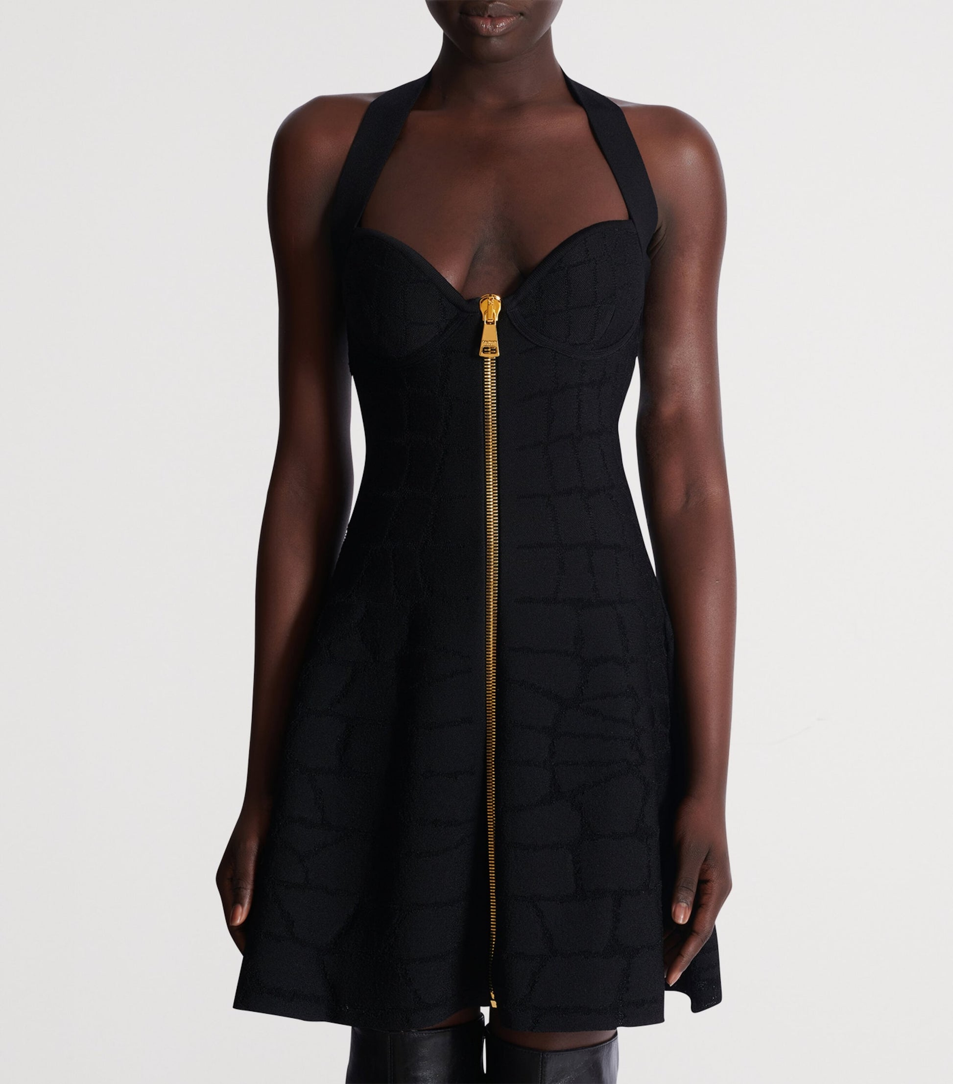Black Croc-Effect Halterneck Mini Dress