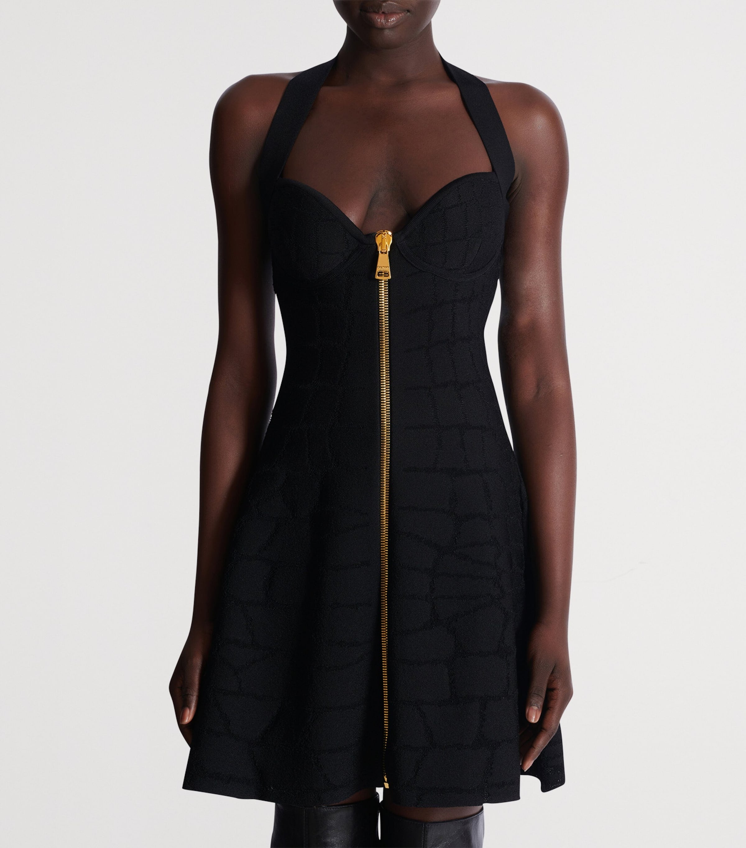 Balmain Black Croc-Effect Halterneck Mini Dress