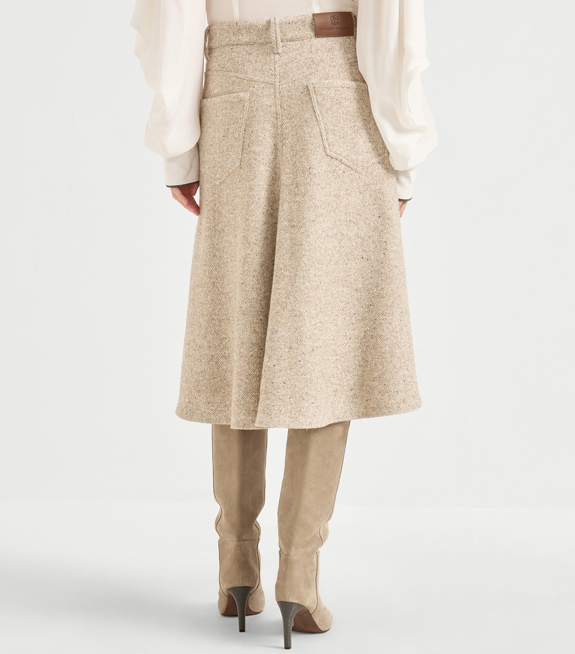 Brunello Cucinelli Beige Flecked Virgin Wool-Silk-Blend Midi Skirt