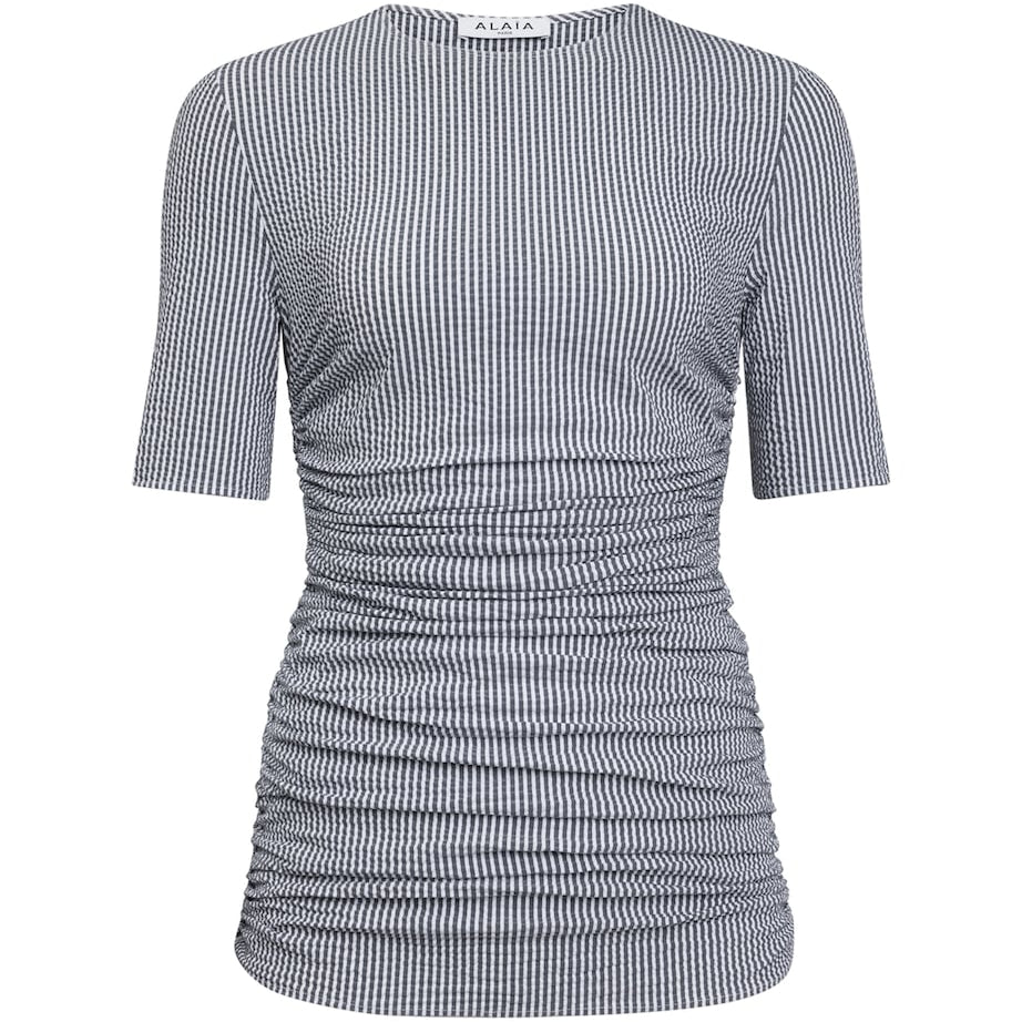 Alaïa White Seersucker Gathered T-Shirt