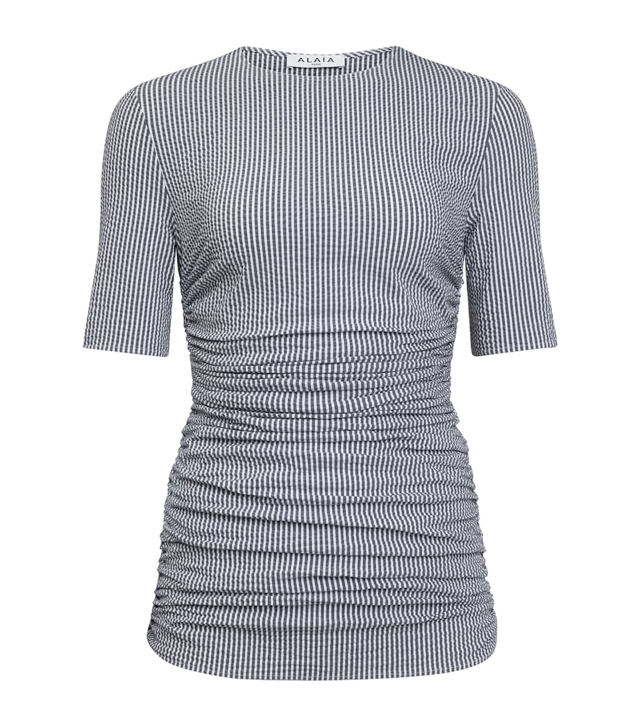 Alaïa White Seersucker Gathered T-Shirt