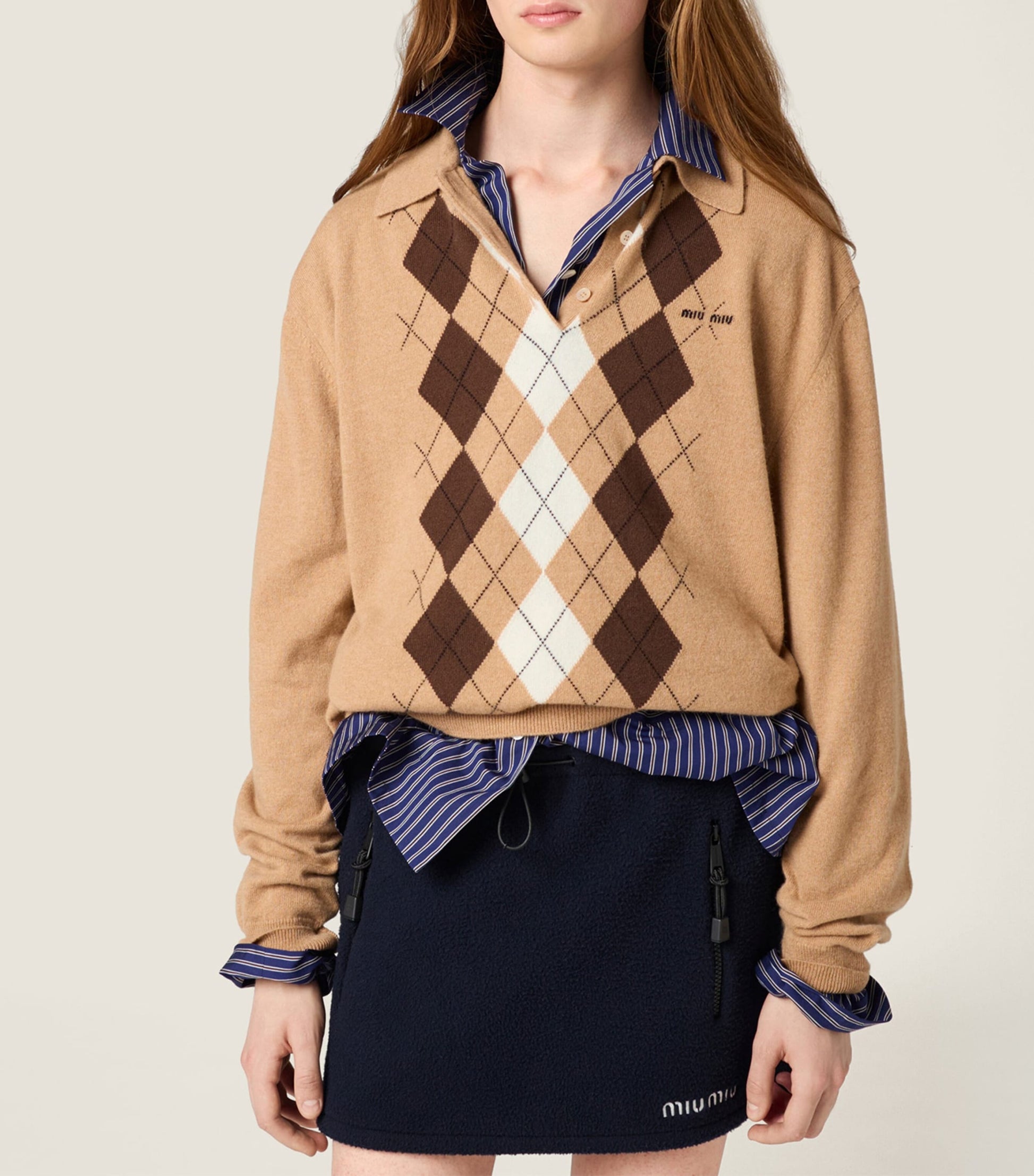 Brown Cashmere Argyle Polo Sweater