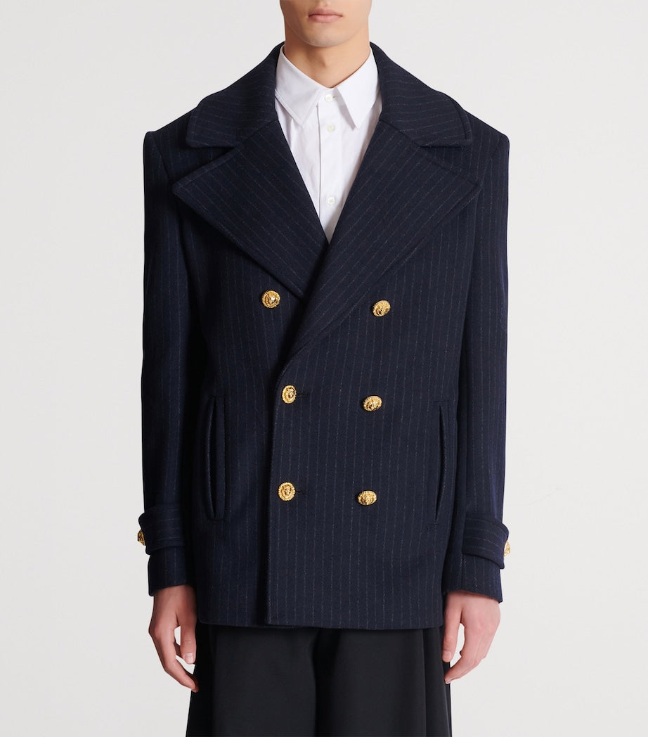 Balmain Merino Wool-Blend Stripe Pea Coat