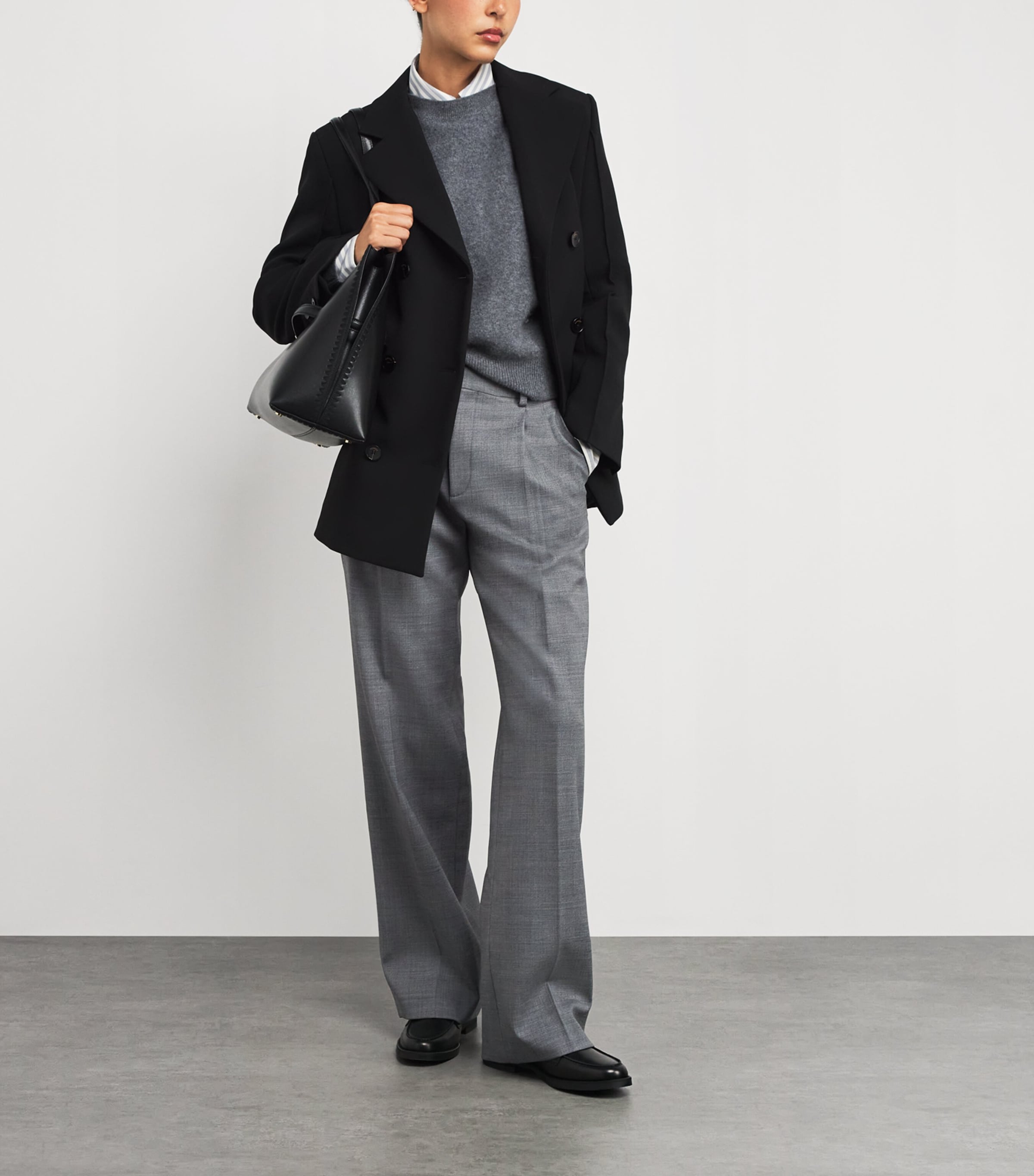 Black Wool-Blend Straight Trousers