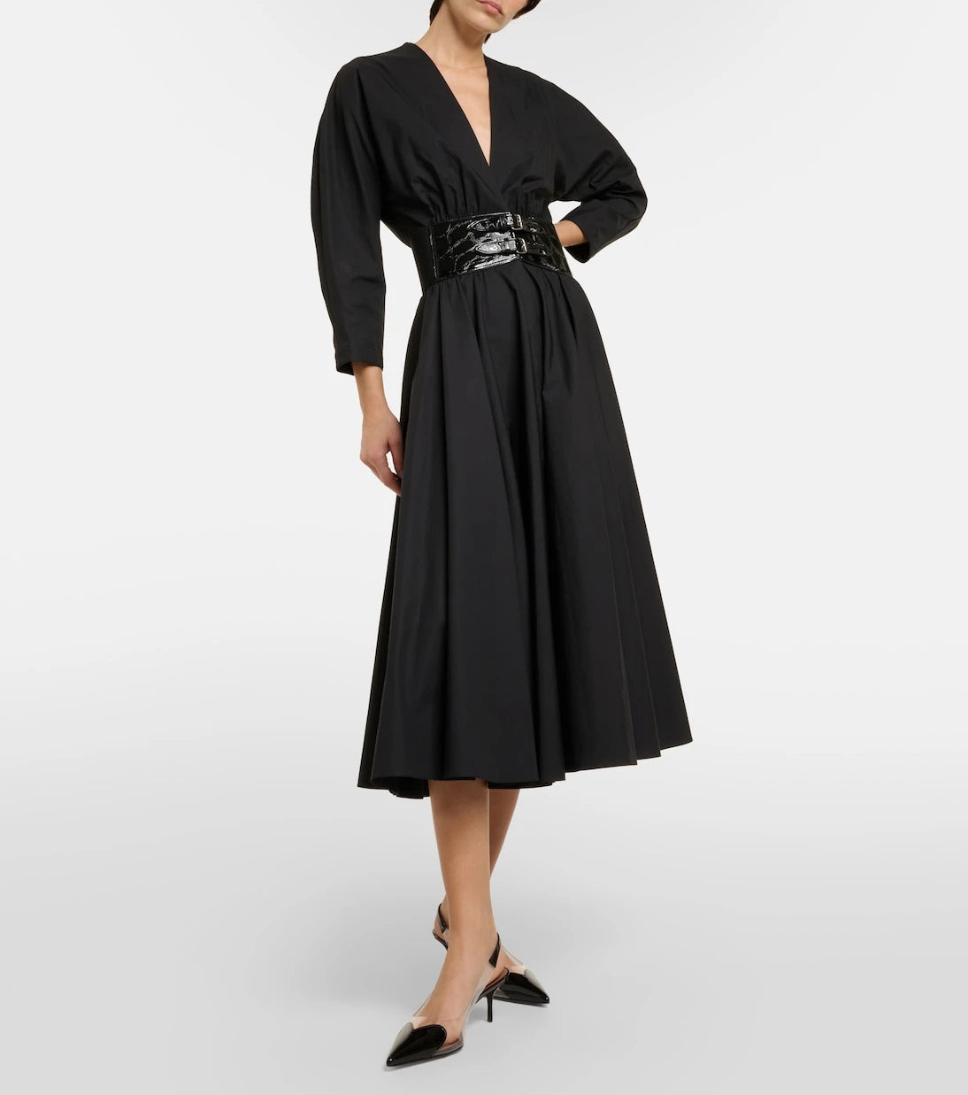 Alaïa - فستان ميدي قطن بحواف جلدية