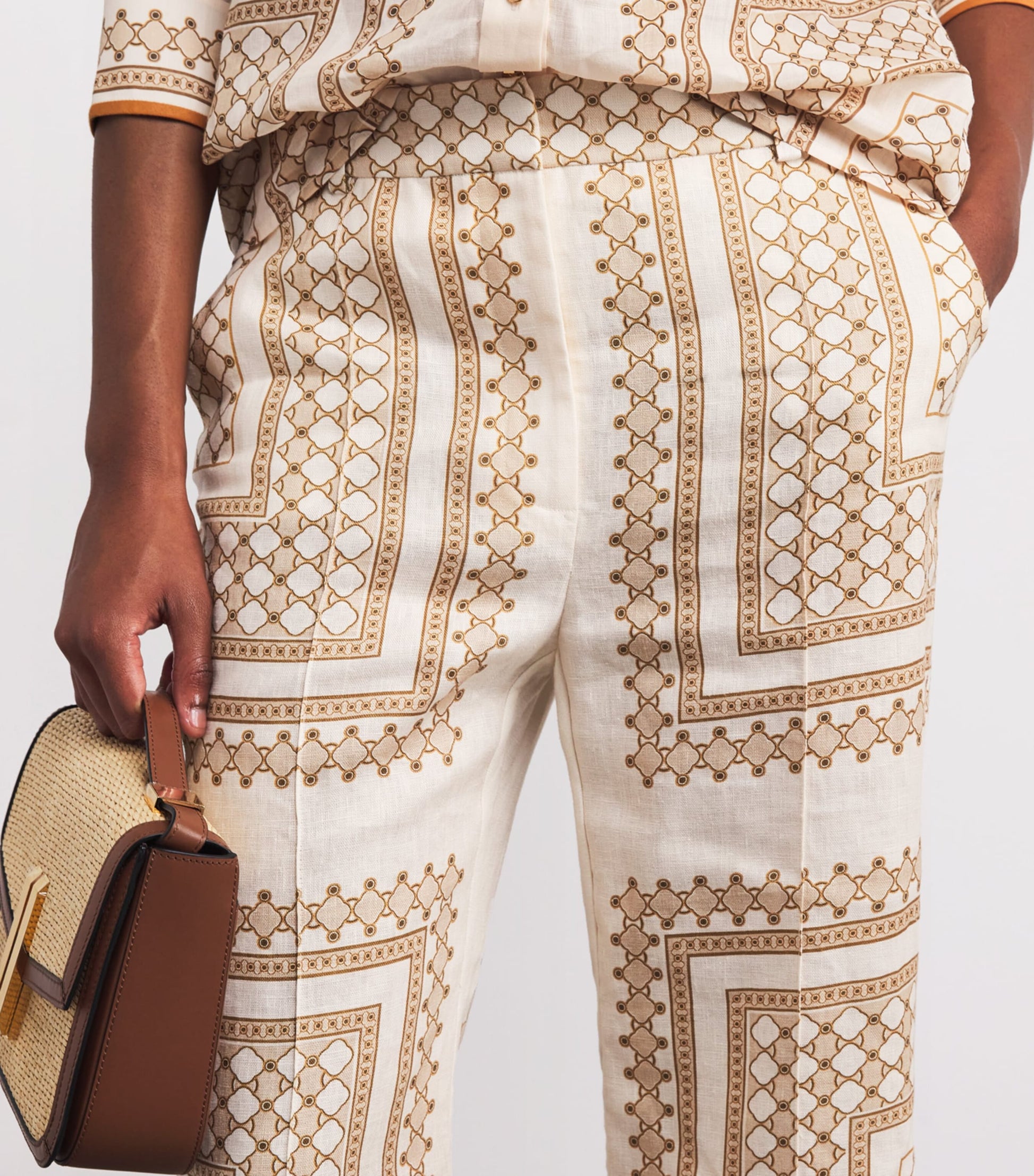 Zimmermann Nude Linen Geometric Crop Wide-Leg Trousers