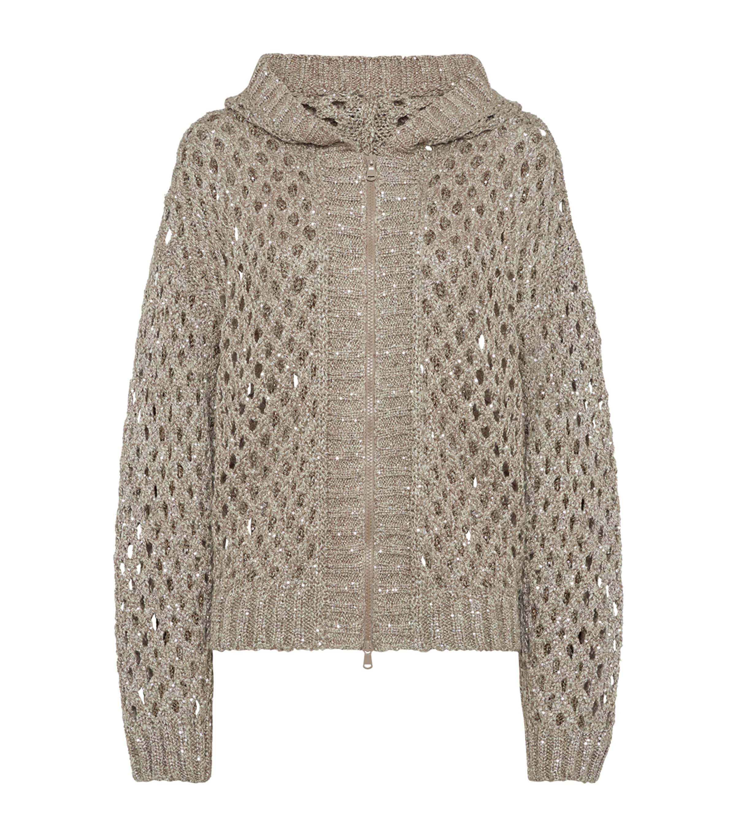 Brown Dazzling Netted Hooded Cardigan