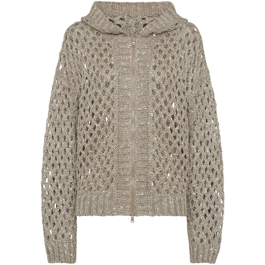 Brunello Cucinelli Brown Dazzling Netted Hooded Cardigan