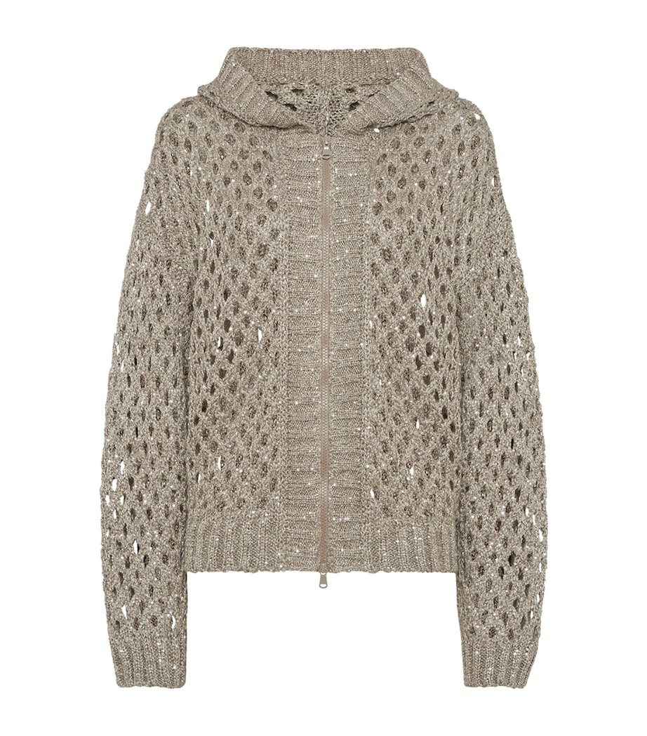 Brunello Cucinelli Brown Dazzling Netted Hooded Cardigan