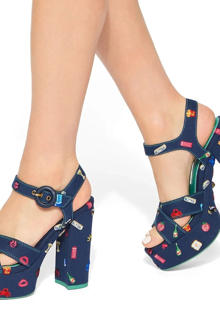 Kurt Geiger London Nakışlı Platform Topuklu Sandalet Navy Canvas