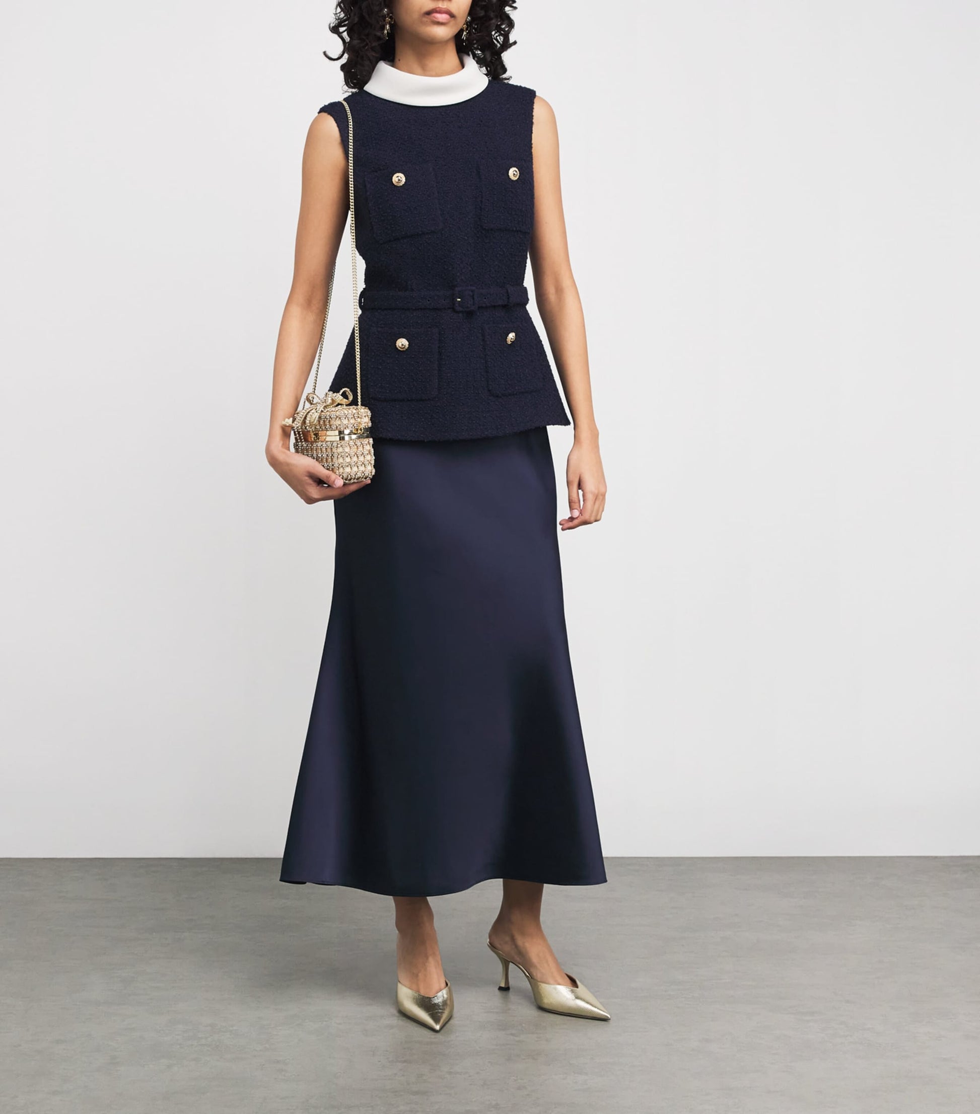 Self-Portrait Blue Bouclé-Satin Midi Dress