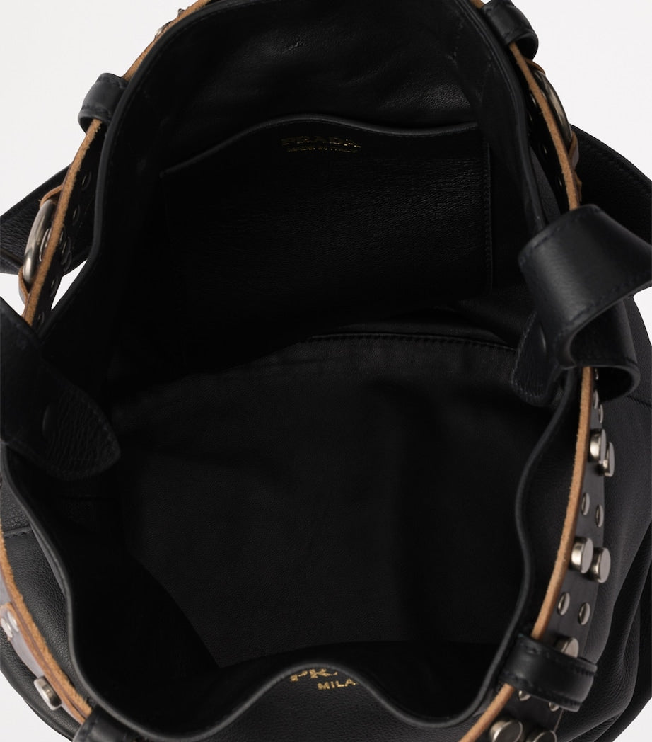 Black Leather Buckled Bucket Bag