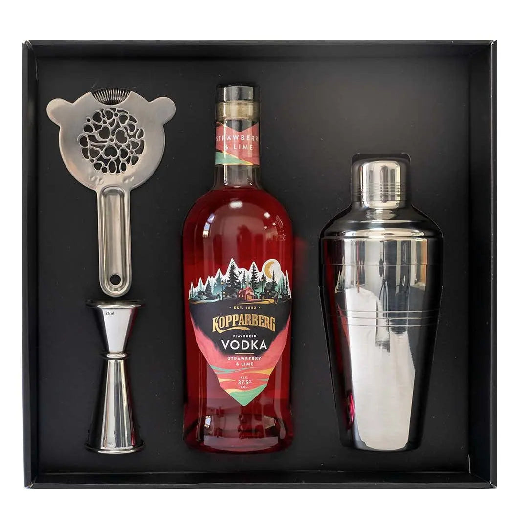 Kopparberg Strawberry & Lime Vodka, 70 cl & 3 Piece Cocktail Gift Box