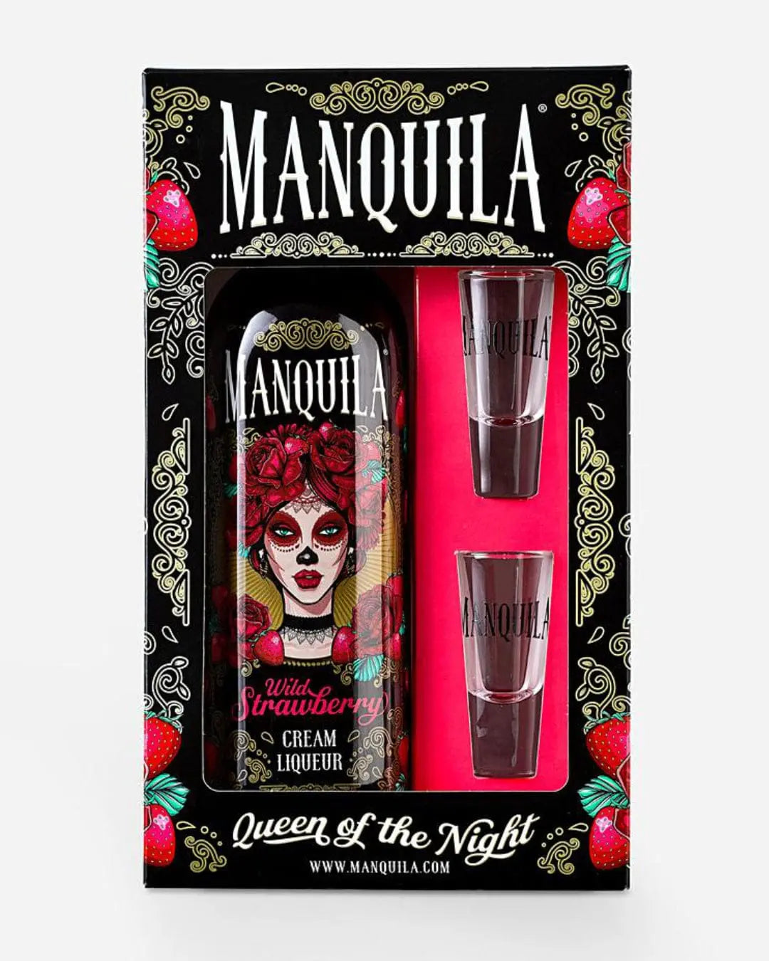 Manquilla Wild Strawberry Cream Liqueur and Shot Glasses Gift Set, 70 cl