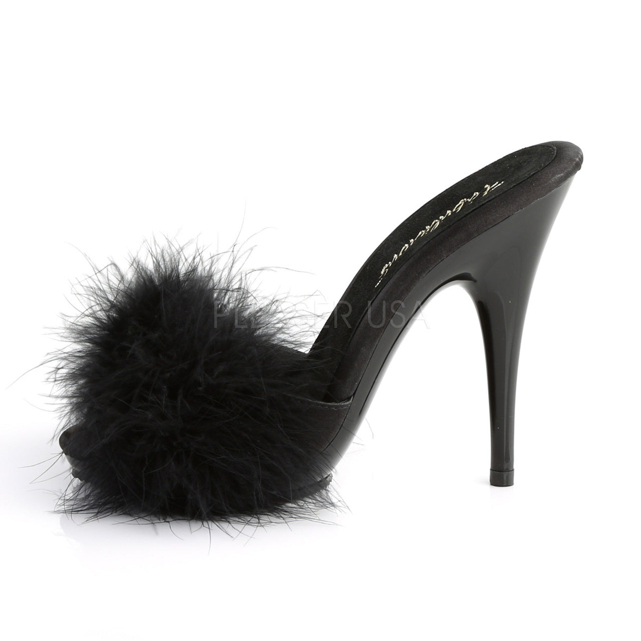 5" Heel Black Satin-Fur Platform Slide Sandal
