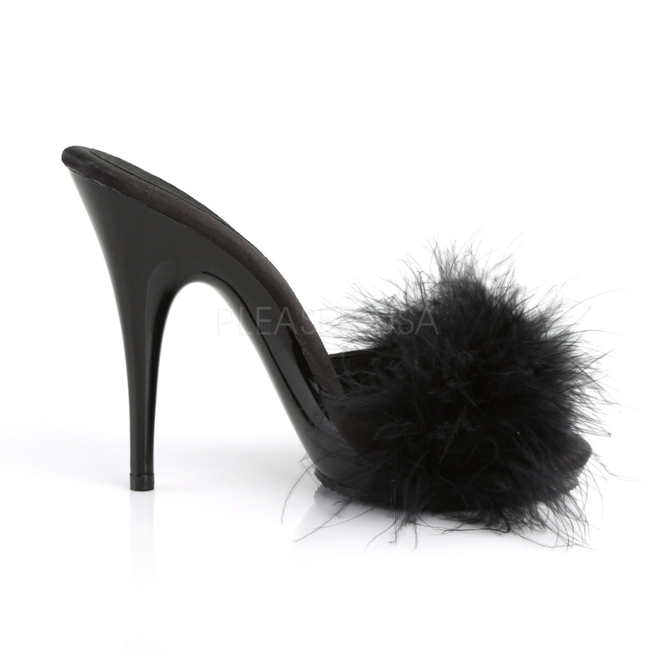5" Heel Black Satin-Fur Platform Slide Sandal