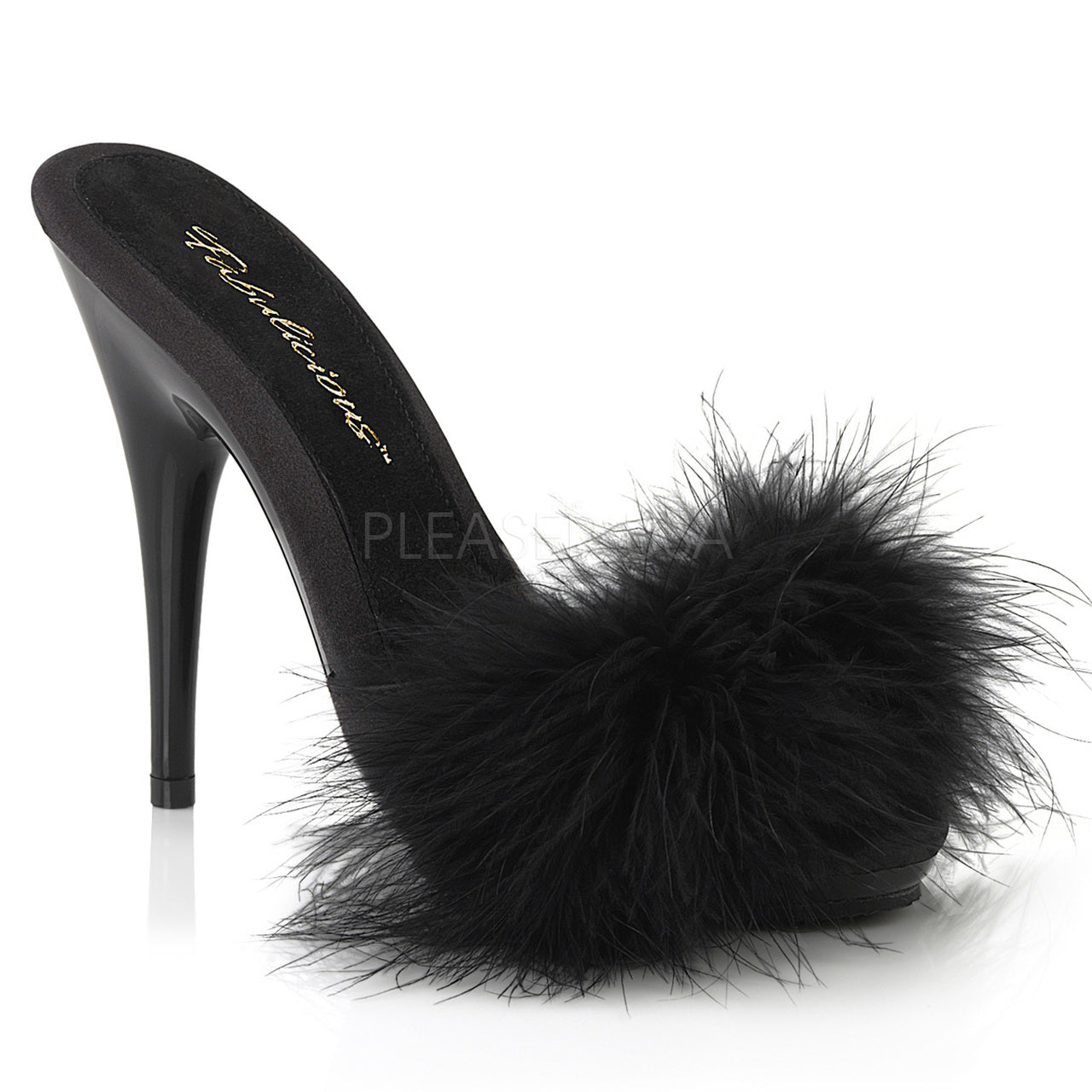 5" Heel Black Satin-Fur Platform Slide Sandal