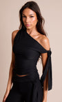 Knot Detail Asymmetric One Shoulder Luxe Slinky Top Black