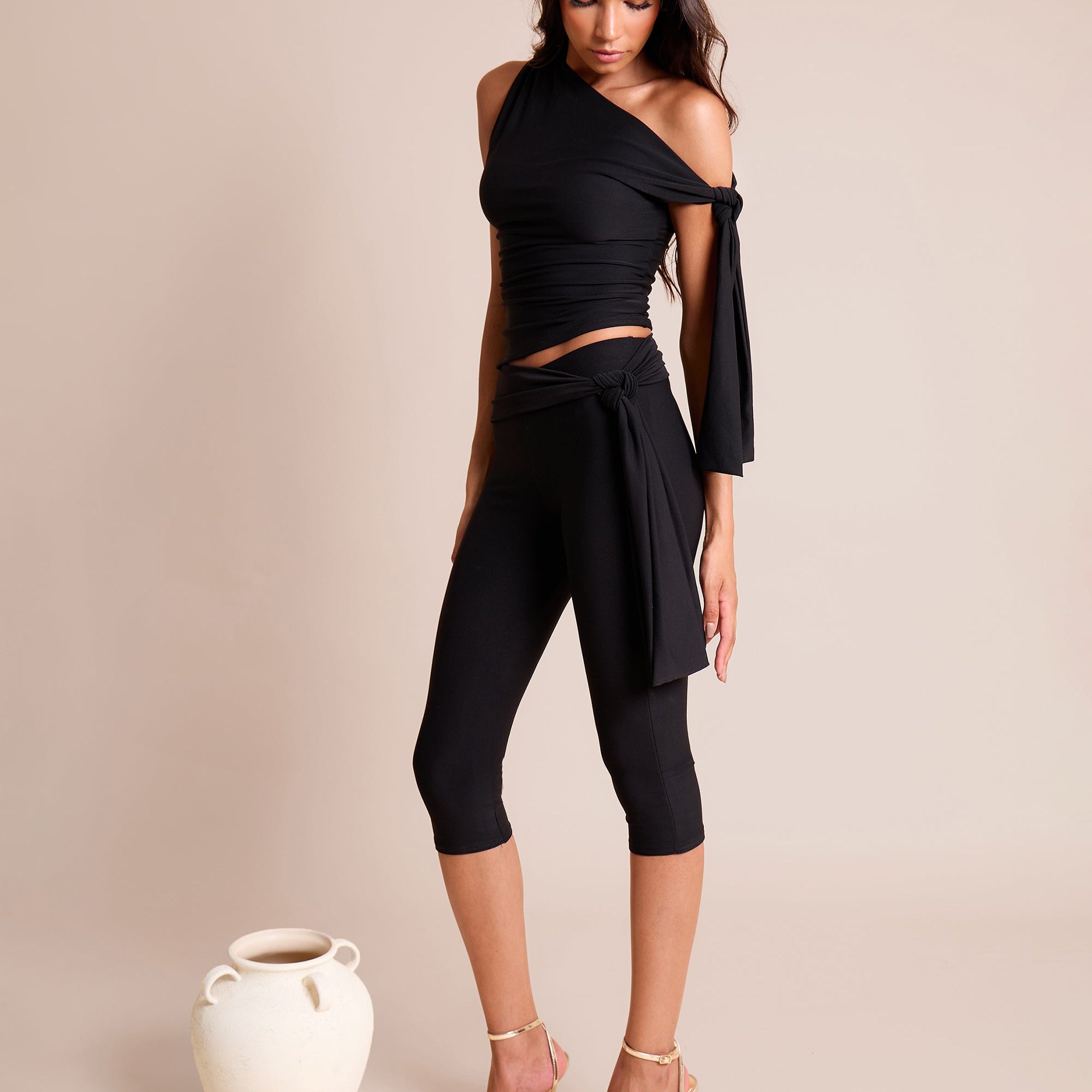 Knot Detail Tie Side Luxe Slinky Capri Pants Black