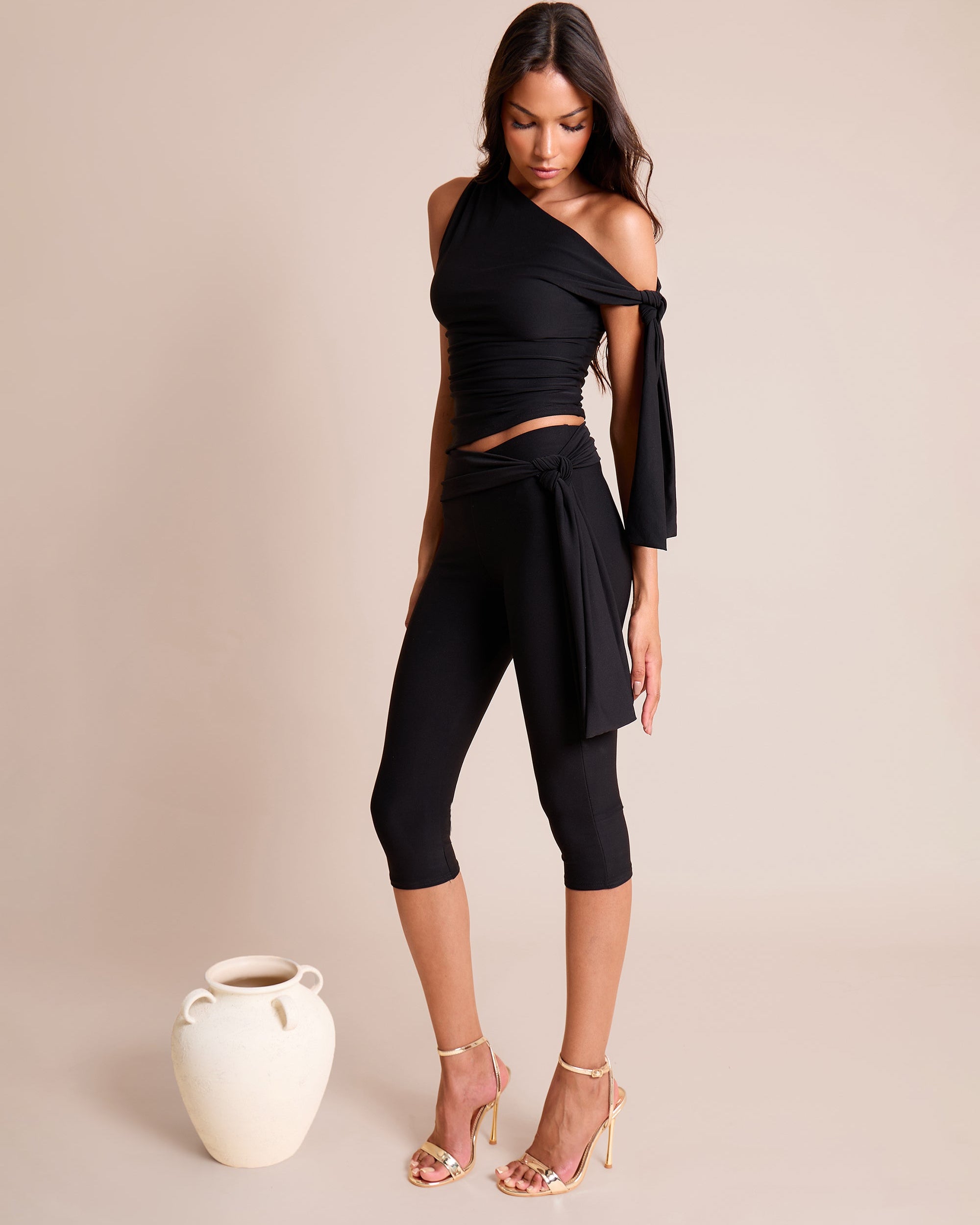 Knot Detail Tie Side Luxe Slinky Capri Pants Black