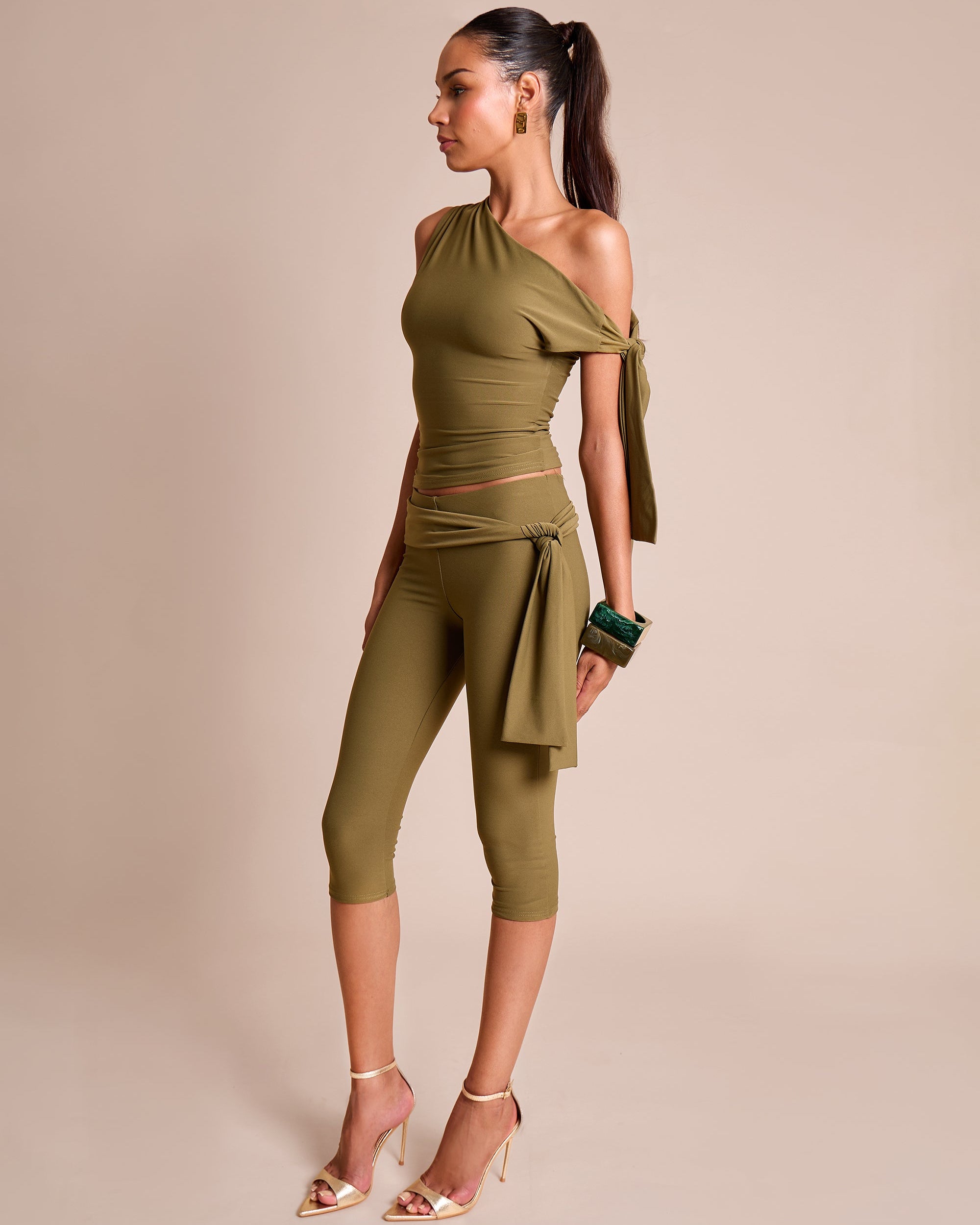 Knot Detail Tie Side Luxe Slinky Capri Pants Khaki