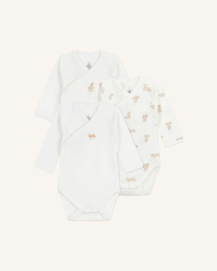 Petit Bateau - Set of 3 Organic Cotton Teddy Bodies | White