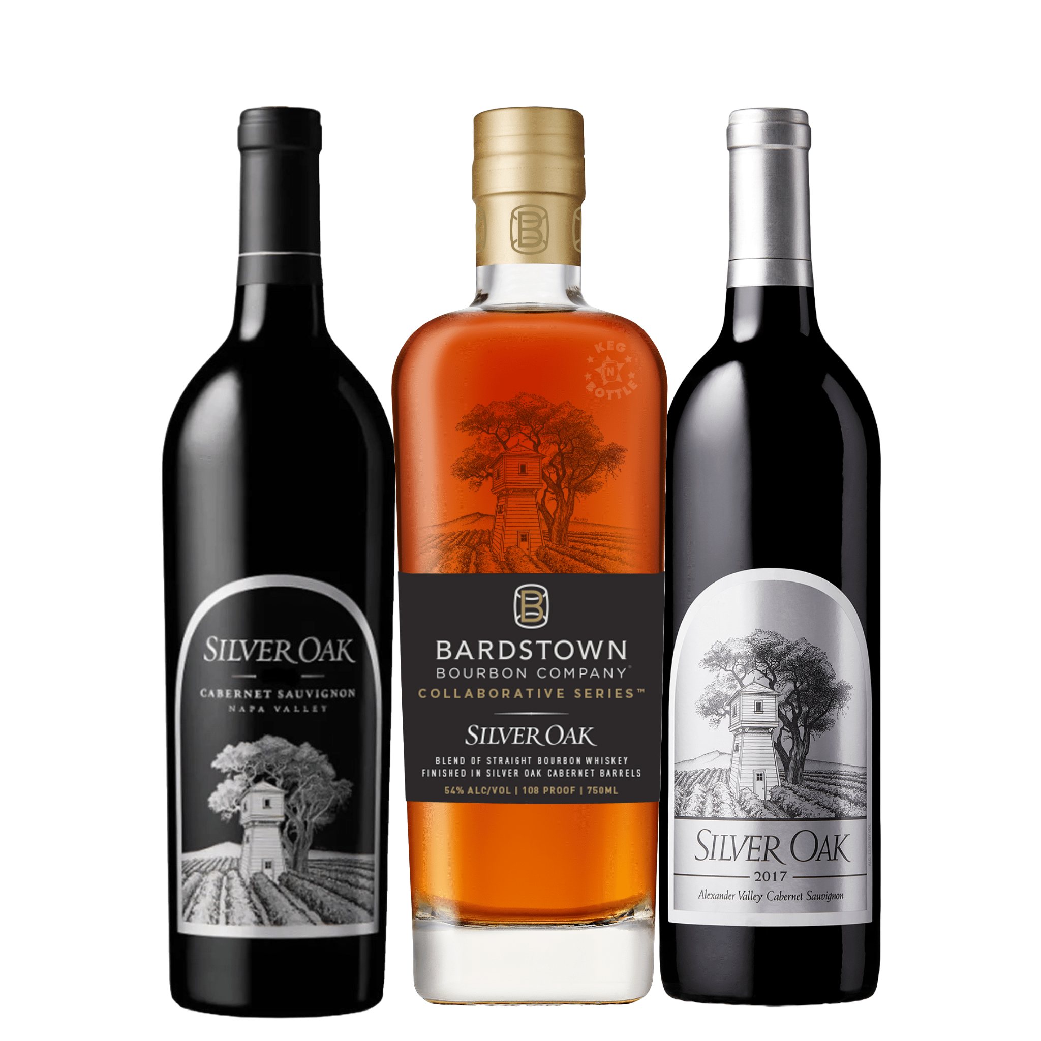 Silver Oak Napa Valley & Alexander Valley Cabernet Sauvignon & Bardstown Silver Oak Whiskey Combo Pack (3 x 750 mL)