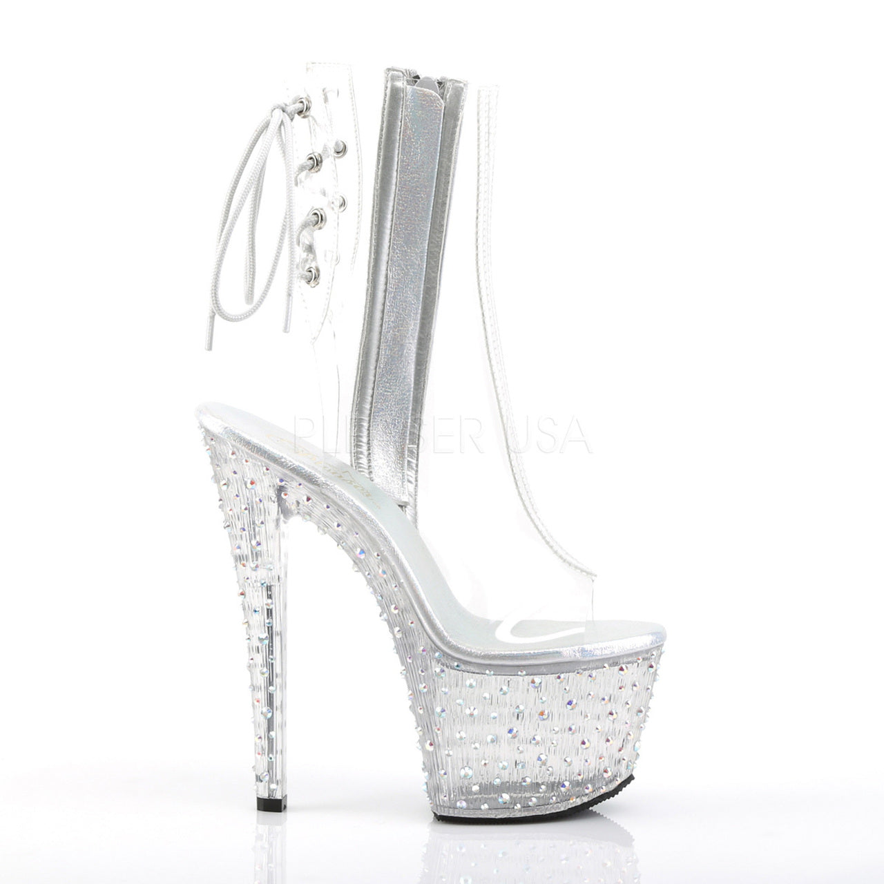 7" Heel Clear Open Toe-Heel Ankle Boot W/ Rhinestone Platform*