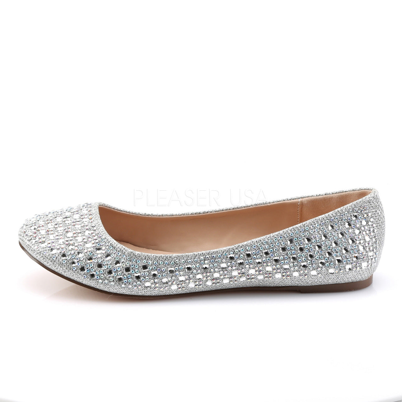 Silver Glitter Round Ballet Flat Shoes W- Rhinestone Detail