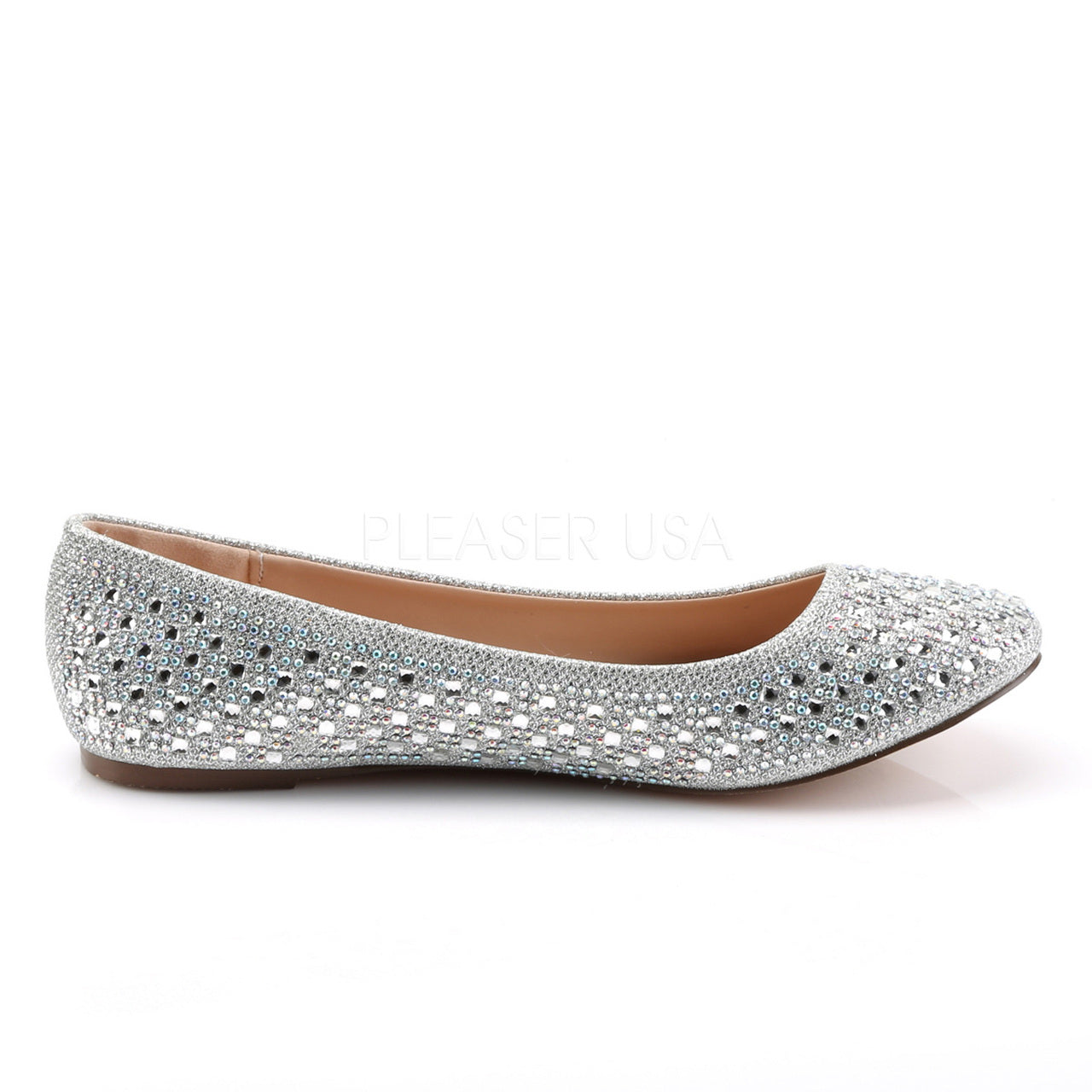 Silver Glitter Round Ballet Flat Shoes W- Rhinestone Detail