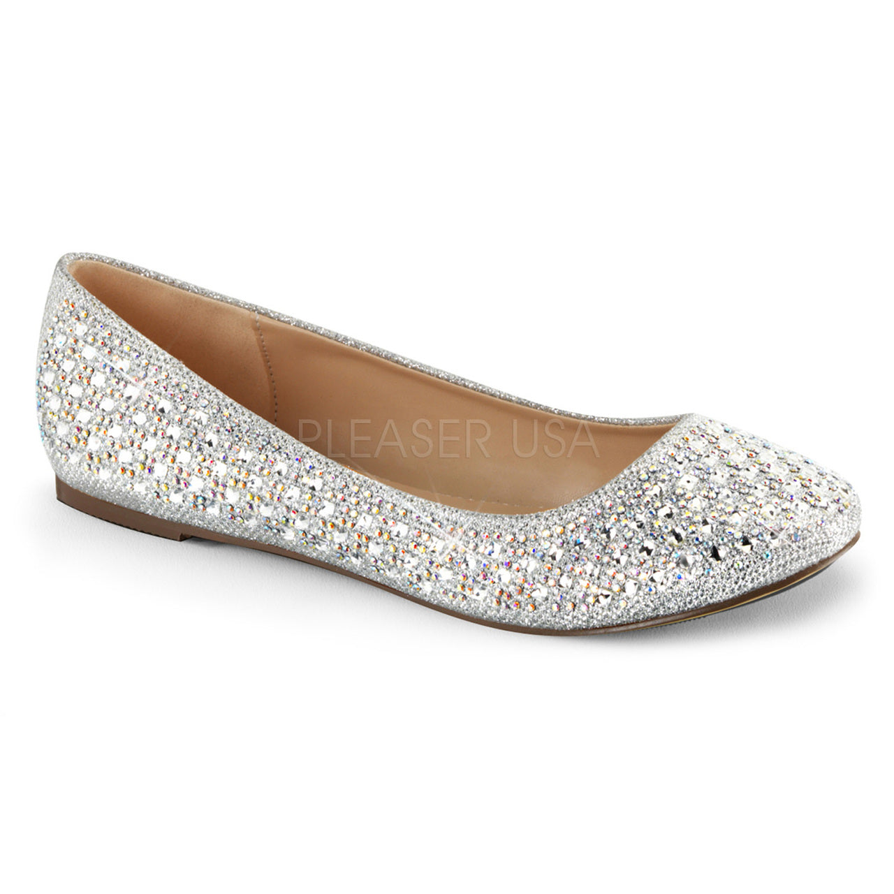 Silver Glitter Round Ballet Flat Shoes W- Rhinestone Detail
